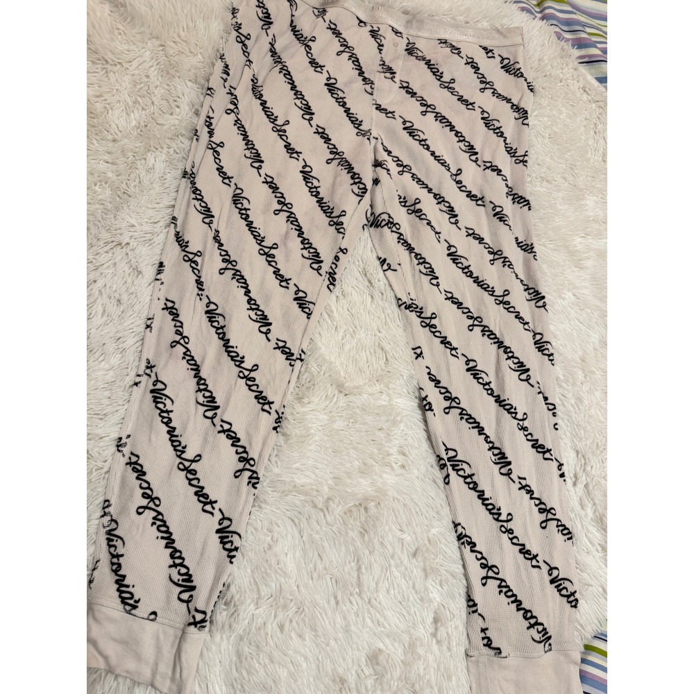 Victorias Secret Waffle Knit Thermal Pajama Pants Logo Print XXL Cream Black